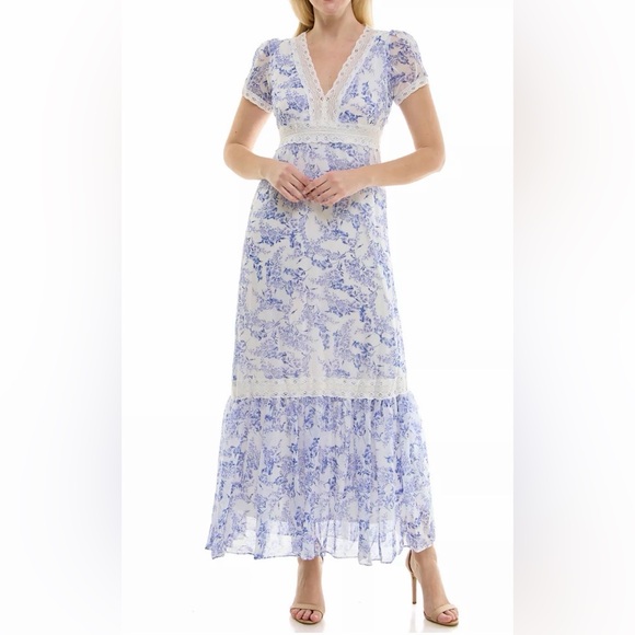Taylor Dresses & Skirts - Taylor Women’s Blue & White Floral Tiered V‑Neck Fit & Flare Maxi Dress – Size 8